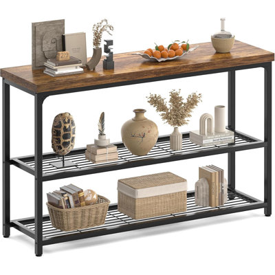 3-Tier Console Table With Mesh Shelves, Narrow Entryway Table For Living Room, Bedroom, Hallway, Sturdy Metal Frame And Particle Board Top, Space-Saving Design