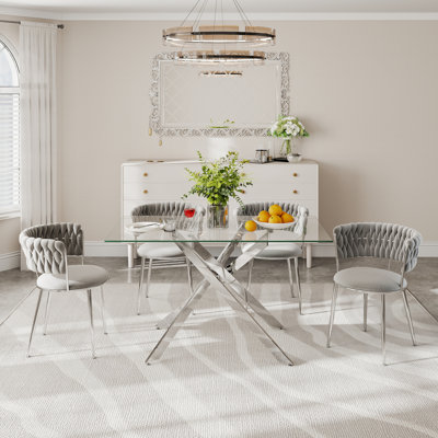 Clear Rectangle Pedestal Dining Set with Weaven Velvet Dininig Chair