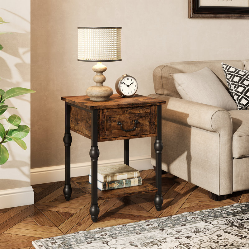 Industrial 2-Tier Bedside Table – Space-Saving Nightstand with Drawer & Open Shelf, Rustic Brown & Black Side Table for Bedroom, Living Room, Study