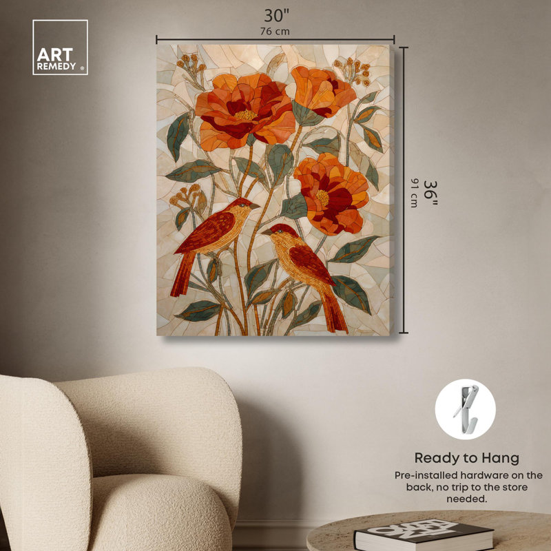 Deux oiseaux par Art Remedy, H 30 po x l 36 po, Toile tendue avec châssis