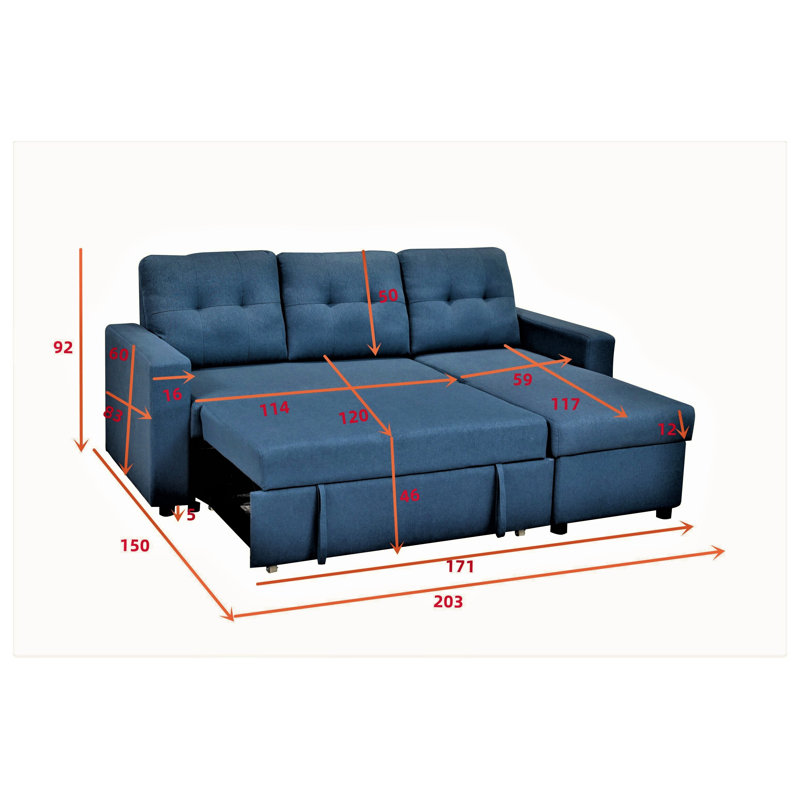 Convertible L-Shaped Sectional Sleeper Sofa with Polyester Upholstery, Blue