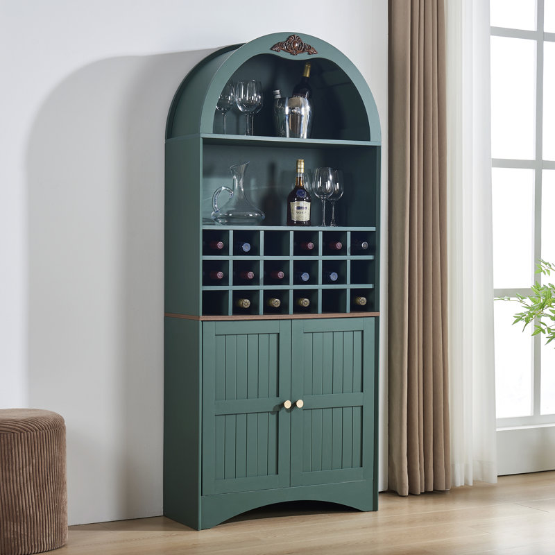 Armoire bar 71 po autoportante arquée avec support à vin amovible et tablettes réglables, Vert