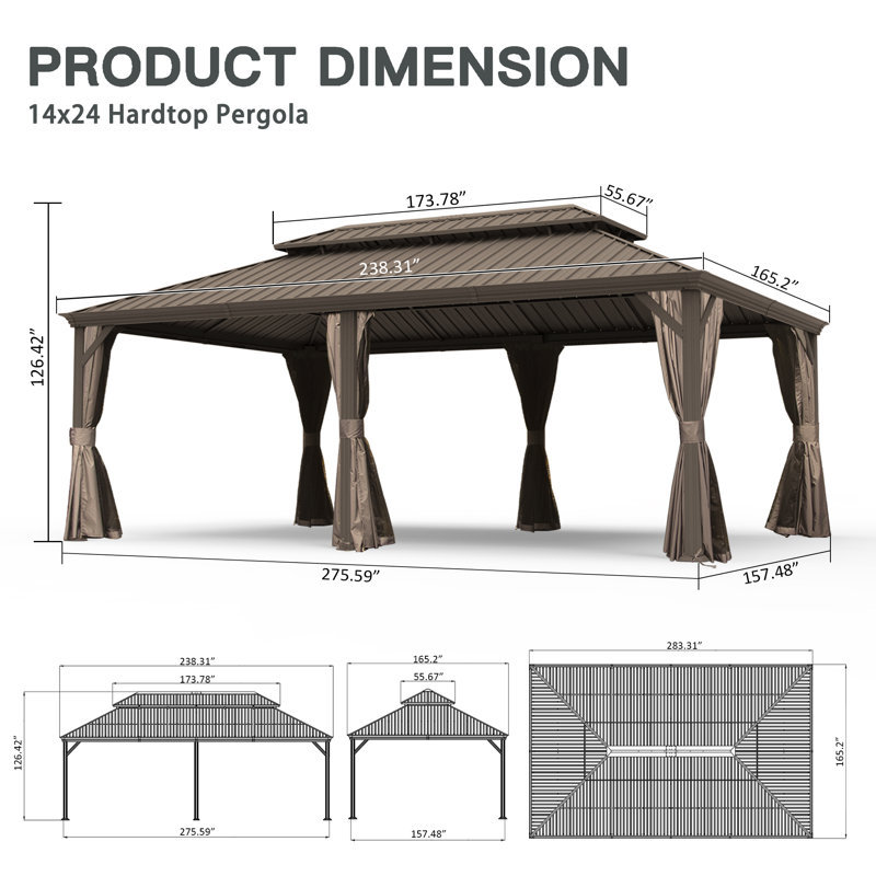 24 Ft. W x 14 Ft. D Galvanized Steel Patio Gazebo with Double Roof, Brown, Bronze