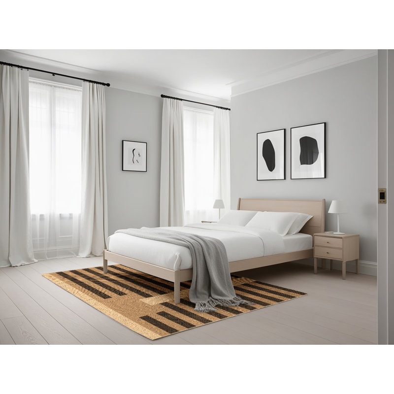 Tapis beige/noir en laine rayée, Rectangle 5 pi x 7 pi
