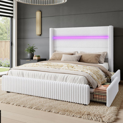 Lit plateforme tapissier avec tiroirs de rangement et station de charge, base de lit à lattes en bois, blanc