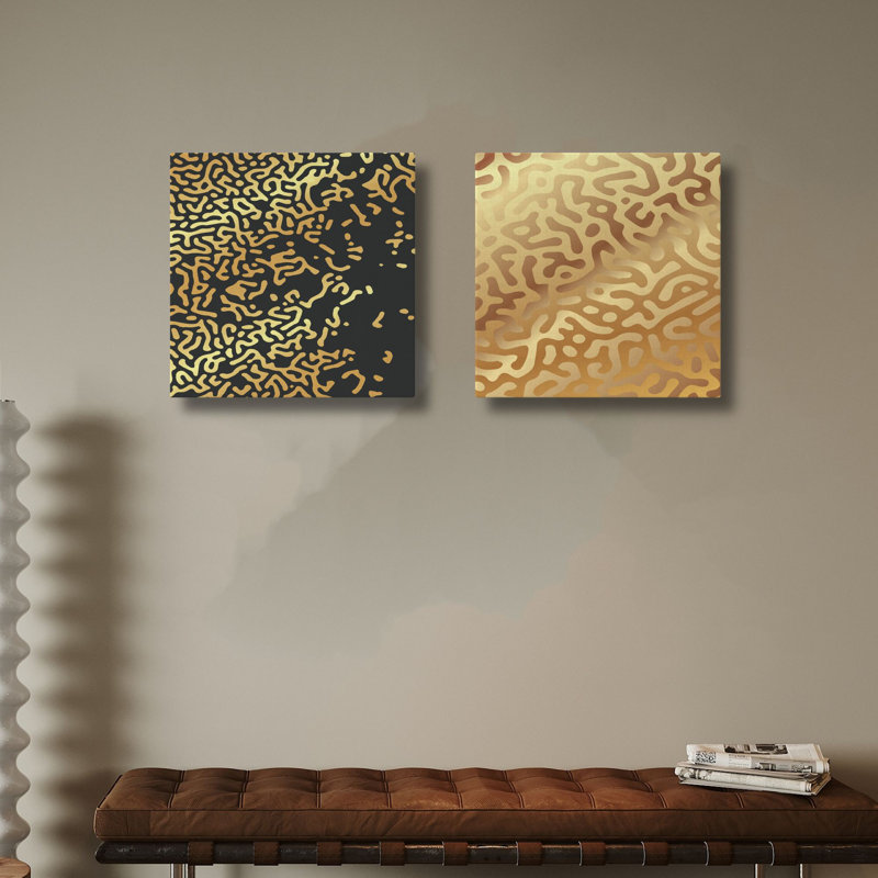 Stunning Decorative Canvas Painting Set (2 Pieces), Gold & Black, 15.7 x 15.7 inches Each | 100% Canvas with 100% Wooden Frame | Perfect for Home Decor, Modern Art Aesthetic, Elegant and Eye-Catching Design