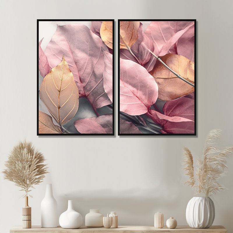 Or rose, feuilles et harmonie II - art mural floral, Impression encadrée flottante sans passe-partout, Noir