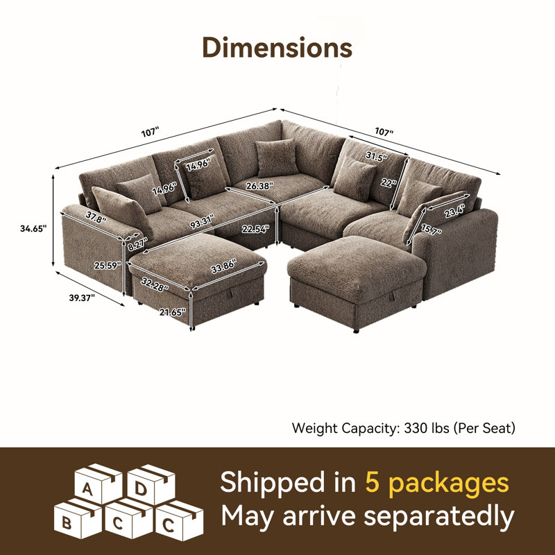 Canapé d'angle modulaire Cloud 5 places en chenille moderne de 107 pouces avec deux poufs de rangement, Chenille brun