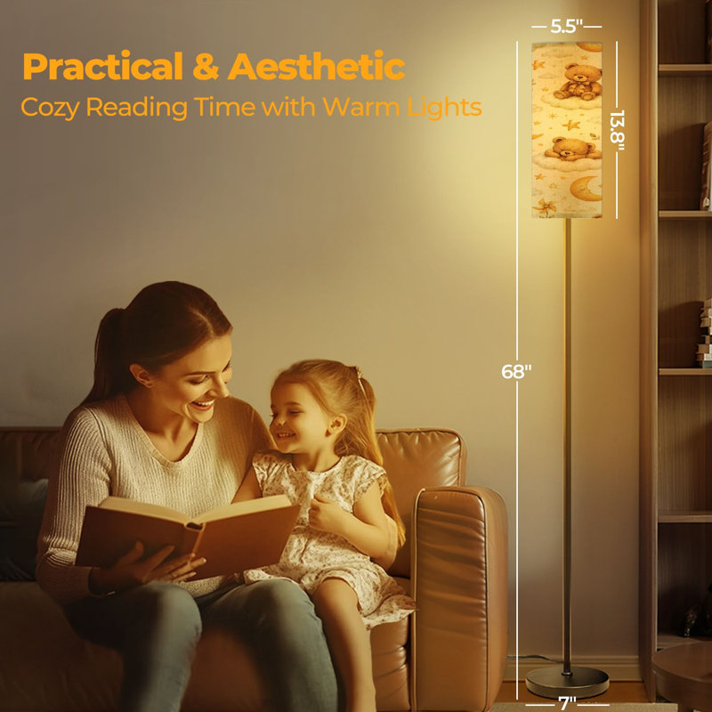  68.5" Standing Floor Lamp Seamless teddy bears clouds moon stars watercolor hand drawn Dimmable Metal Pole Lamp with Linen Lampshade LED Bulb Included