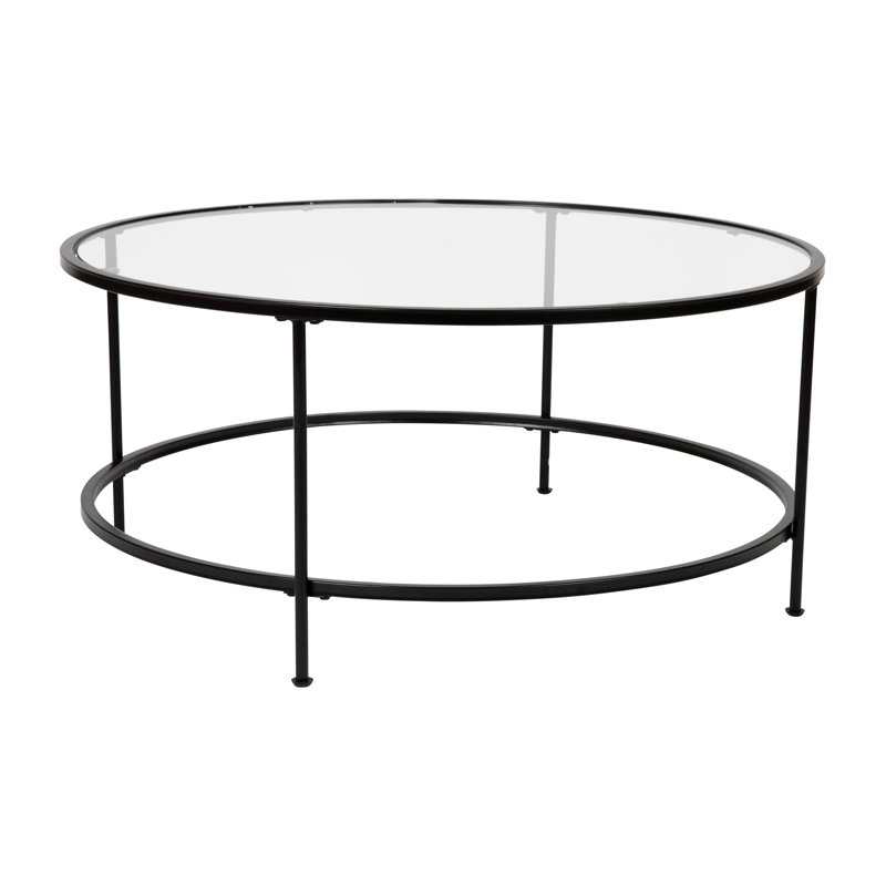 Table basse de salon en verre Berzan avec structure ronde en métal, Plateau transparent / base noir mat