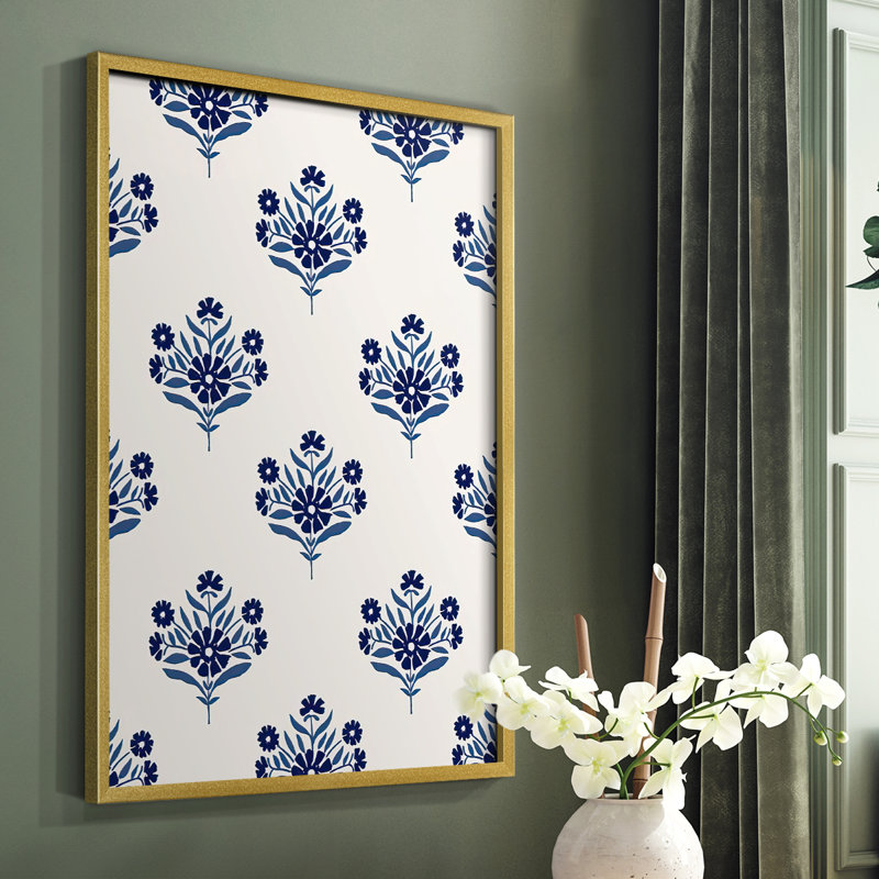 Motif de fleurs indigo I, reproduction encadrée - bois massif, H 14 po x l 11 po
