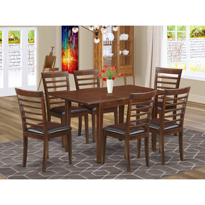 7 Piece Dining Table Set Consist of a Rectangle Dinner Table with Butterfly Leaf and 6 Faux Leather Dining Room Chairs, Mahogany