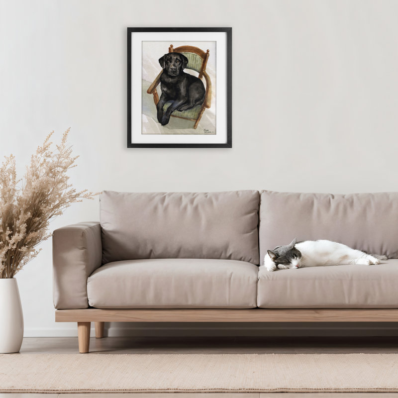 Labrador noir sur chaise, reproduction sous verre, conception de George Dyachenko, Cadre noir minuit sous verre