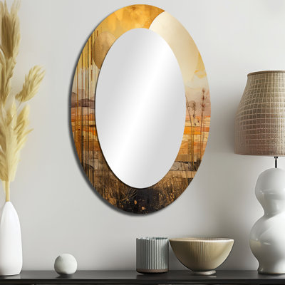 Golden Sunset Cottage Countryside Landscape II - Grand miroir mural ovale sur métal