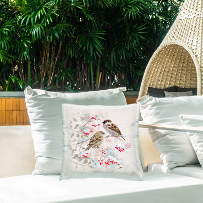 Coussin d'extérieur Winter Holly Branches Birds