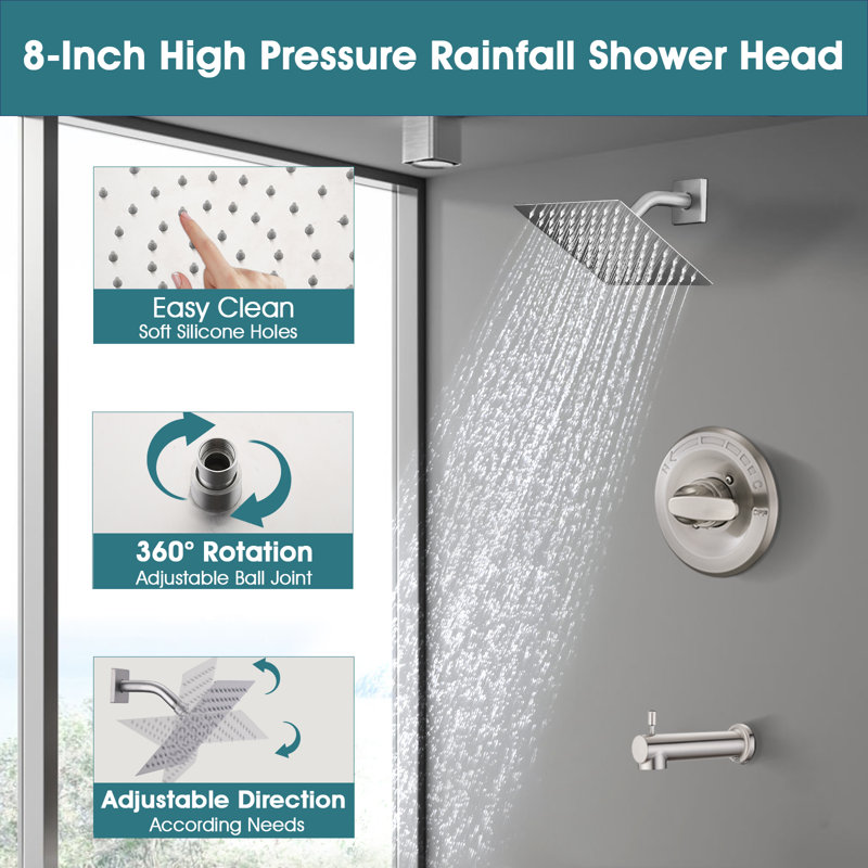 Tub Shower Faucet Set With High Pressure 8" Square Rain Shower Head，Replacement Faucet Shower Trim Kit, Brushed Nickel