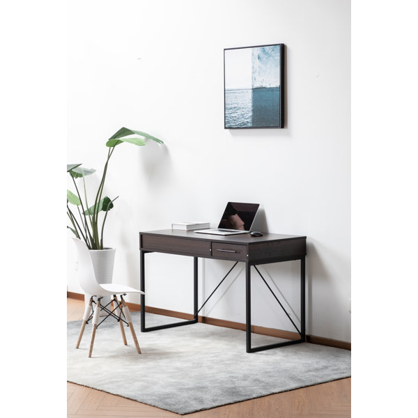 Wooden Writing Desk with Block Legs and 2 Drawers, Dark Brown and Black