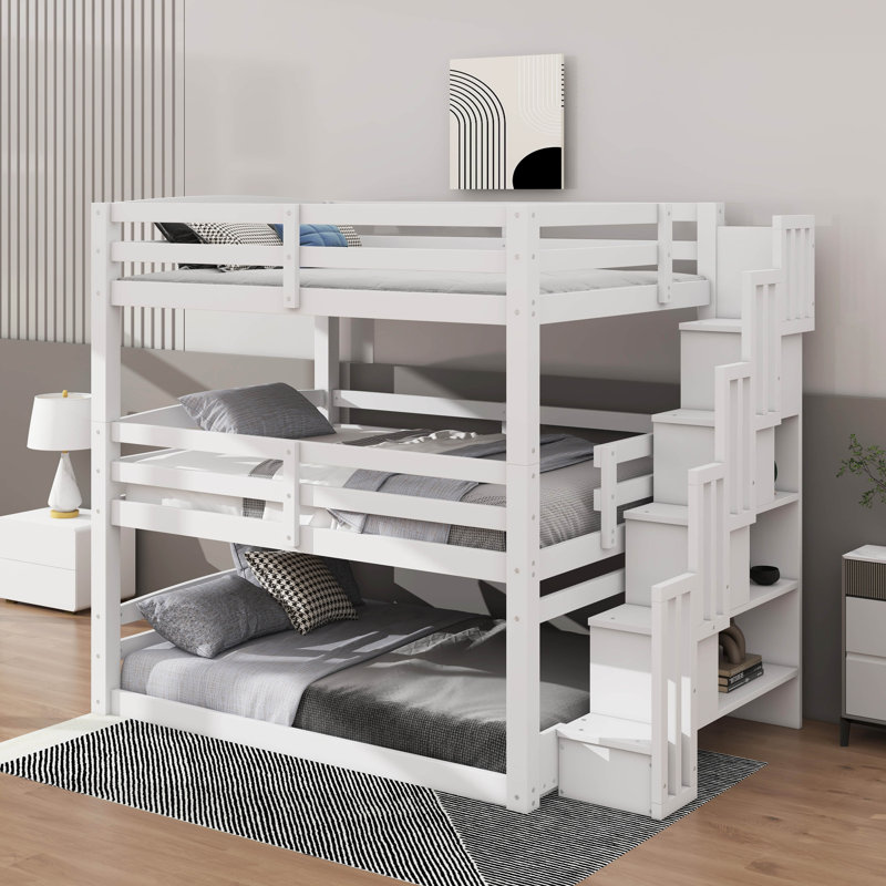 Full Size Triple Bunk Bed With Staircase, White