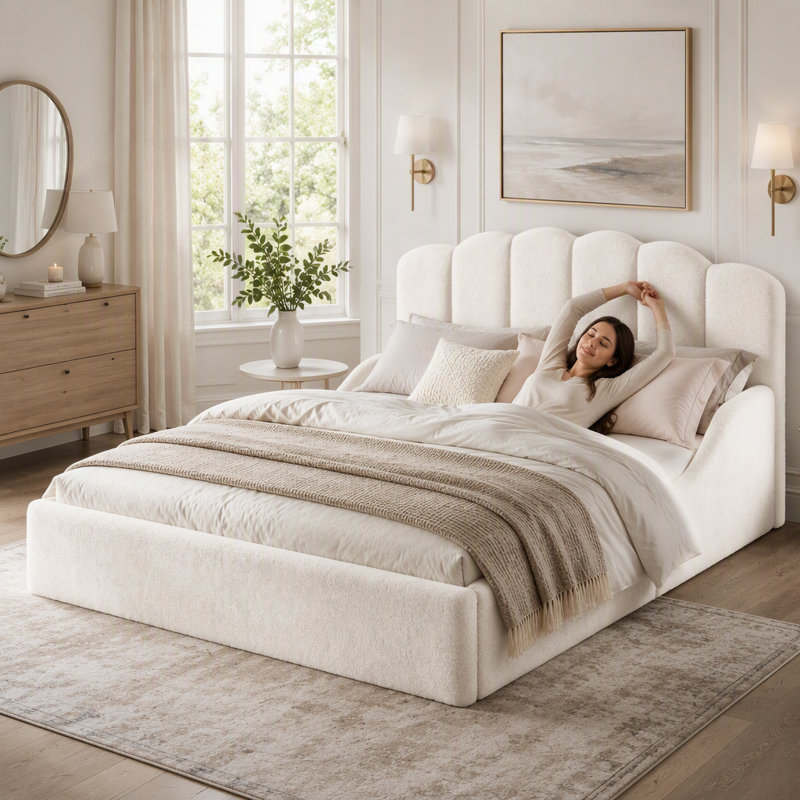 Lit de sol tapissier Teddy, Grand lit, Blanc antique
