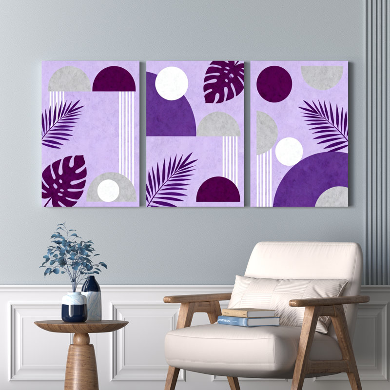 Purple Tropical Leaves and Geometric Shapes Abstract Canvas Wrapped Wall Art (Set of 3), 18" H x 36" W