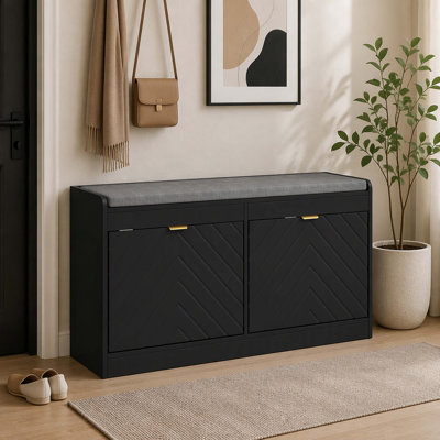 Banc à chaussures d'entrée avec 2 tiroirs de rangement rabattables et coussin d'assise rembourré, aéré, peut contenir 8 paires de chaussures, noir pour couloir