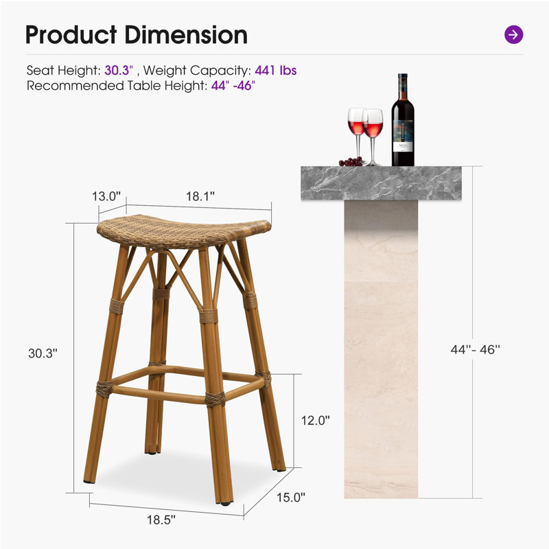 2 tabourets de bar en aluminium avec dossier en selle et siège repose-pieds PURPLE LEAF, Brun