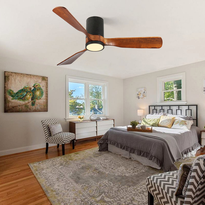 LED Indoor/Outdoor Flush Mount Matte Ceiling Fan With Wood Blades, 6-Speed DC Remote Control, 52"