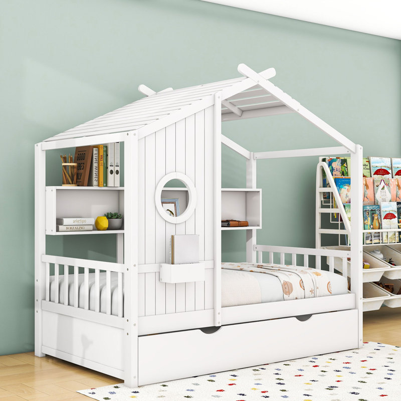 Lit maison avec lit gigogne simple et tablettes de rangement, toit, Simple, Blanc