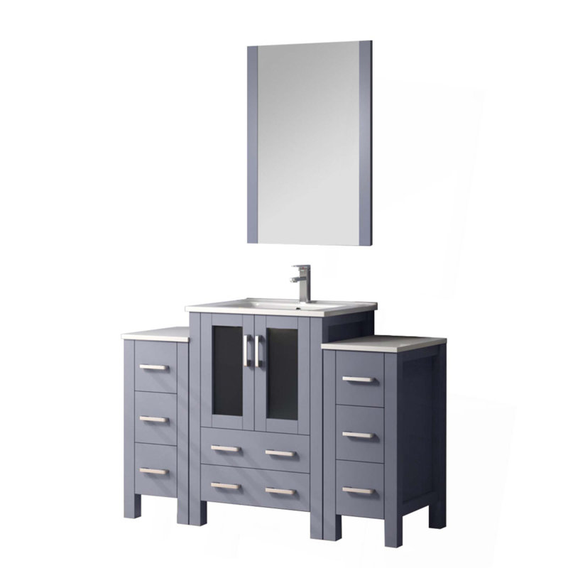 Meuble-lavabo gris foncé avec armoires latérales, ensemble de robinets, comptoir en céramique blanche et miroir de 22 po