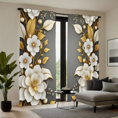 2 pièces de rideaux de fleurs décoratifs, motif floral doré et blanc, filtrage de la lumière de poche, style moderne élégant, toutes saisons pour le salon, la chambre et la décoration intérieure