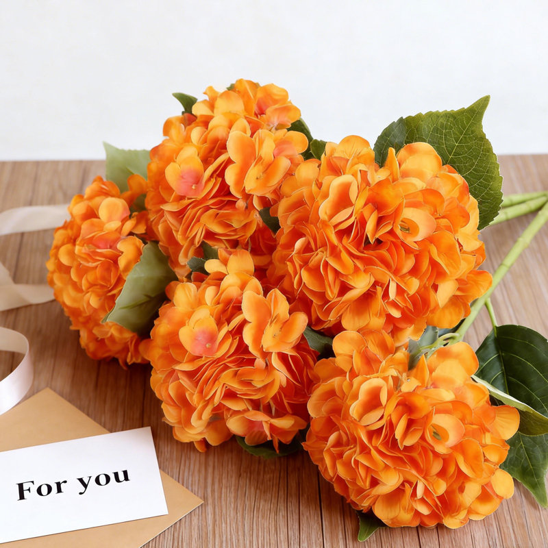 Fleurs d'hortensia en soie artificielle à 5 tiges, Orange