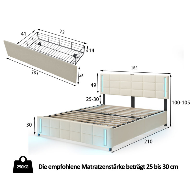 Cianfero Upholstered Drawers Bed, Beige