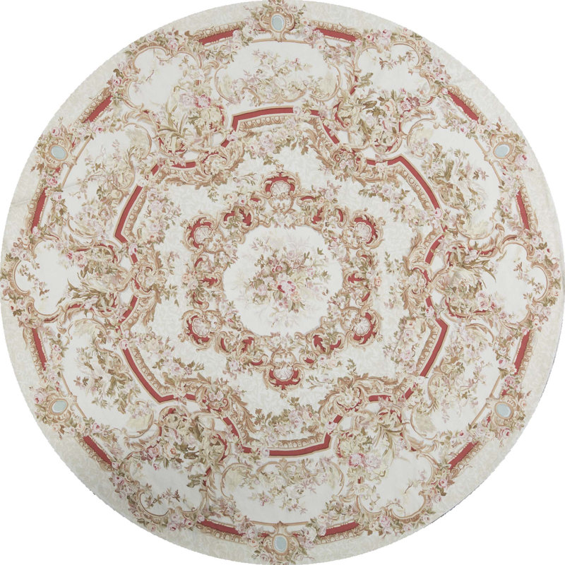 Hand-Knotted High-Quality Ivory and Ivory Round Area Rug