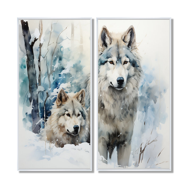 Neige loups en hiver - loup, reproduction d'art sur toile, animaux gris, ensemble de 2, H 40 po x l 40 po, Blanc