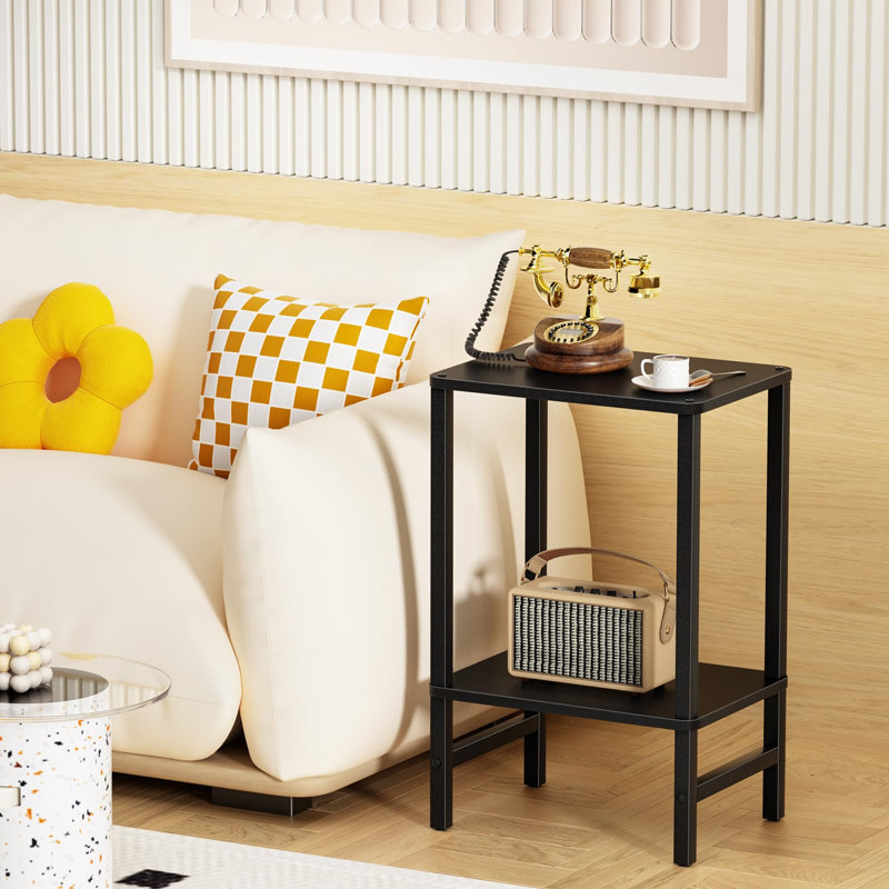Table d'appoint étroite à 2 niveaux, tables de bout industrielles pour petits espaces, Black, 1