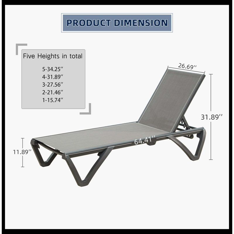 Chaises longues d'extérieur en polypropylène en aluminium pour patio, chaises longues à dossier réglable près de la piscine, durables pour la plage, la cour et le balcon (gris, 2 chaises longues)