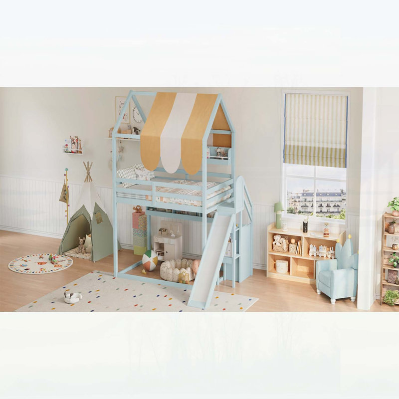 Lit superposé double avec baldaquin, glissoire et bibliothèque intégrée pour enfants et adolescents, vert clair, Light Green