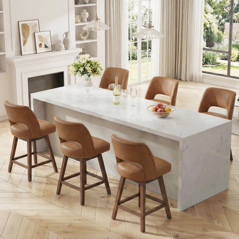 Tabouret de bar pivotant en similicuir avec structure en bois massif (ensemble de 6), 6, Brun / similicuir, Noyer foncé