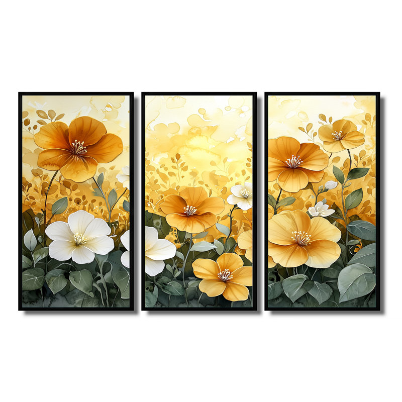 Été lueur dorée d'hibiscus II - art mural d'hibiscus pour le salon - ensemble de 3, Noir, H 32 po x l 48 po