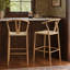 Ensemble de 2 tabourets de bar modernes, structure en métal aspect bois avec siège tissé