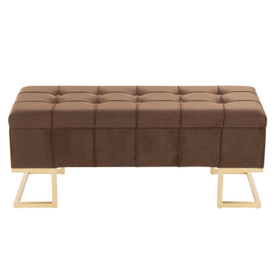 Glamour, velours brun, acier doré, banc de rangement, style bouton, pieds en métal, couvercle rabattable, deux places assises, utilisation intérieure, capacité de 500 lb et banc en velours avec deux, capacité, assemblage