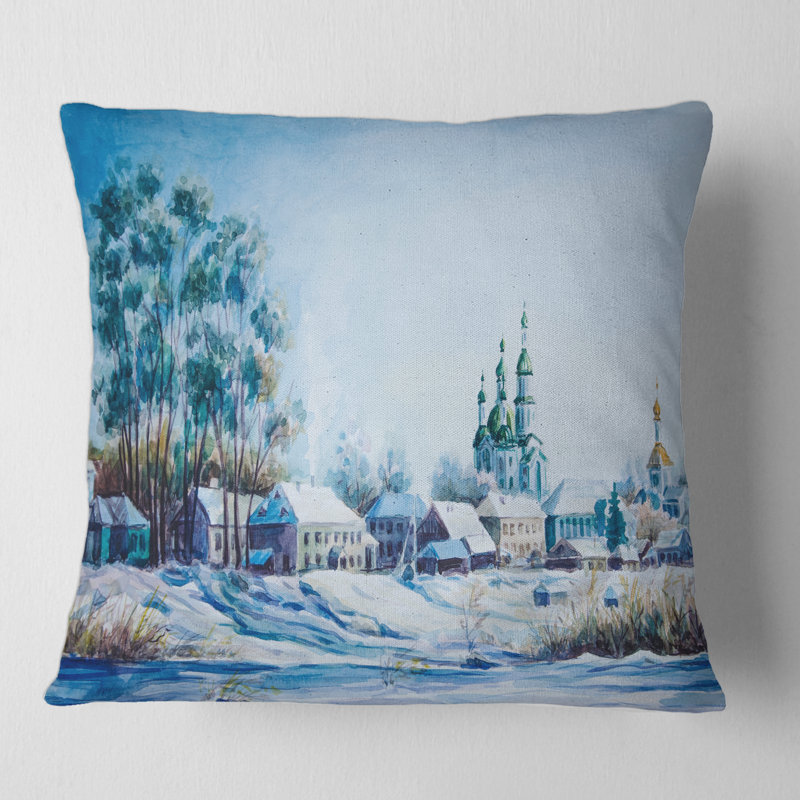 Petite ville en hiver - Coussin décoratif à imprimé traditionnel, 16" x 16"