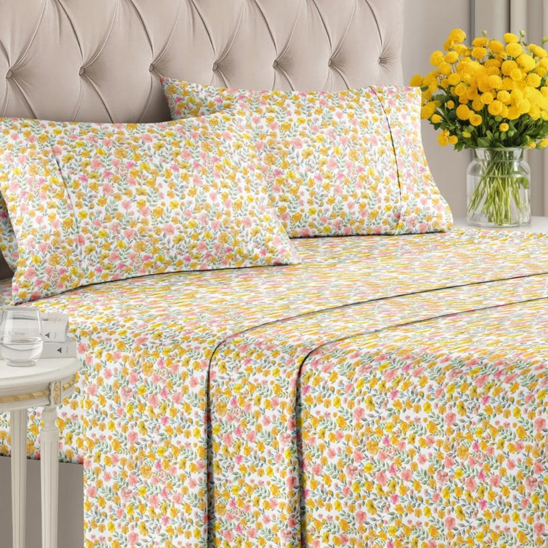 4 Piece Floral Sheet Set Premium Cooling, Soft & Wrinkle Free Bed Sheets – Ultra Soft Microfiber Luxury Bedding Set