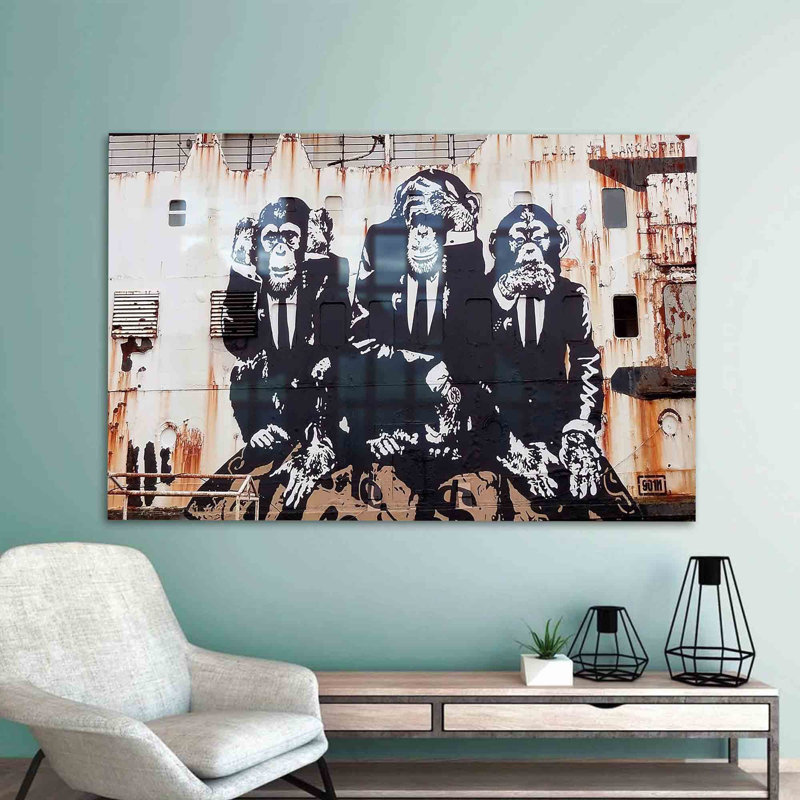 Art mural abstrait en forme de "Three Wise Monkeys" de Banksy en verre trempé pour une décoration intérieure unique