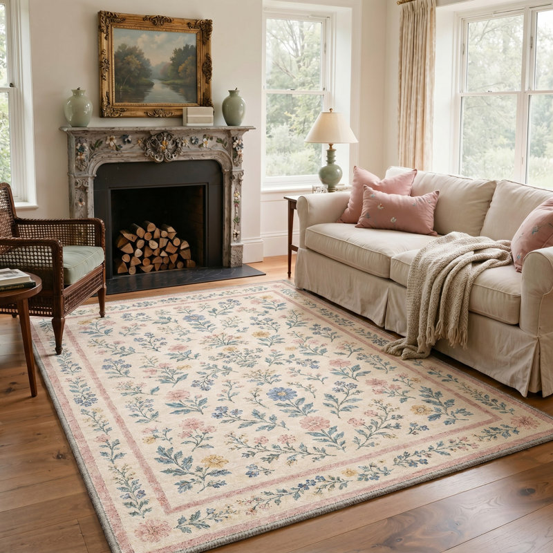 Tapis floral ivoire / bleu lavable à la machine avec envers antidérapant, Rectangle 108 po x 72 po