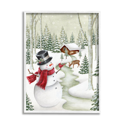 Ba-806 - encadré bonhomme de neige sur un chemin enneigé encadré sur bois par Emma Leach, peinture