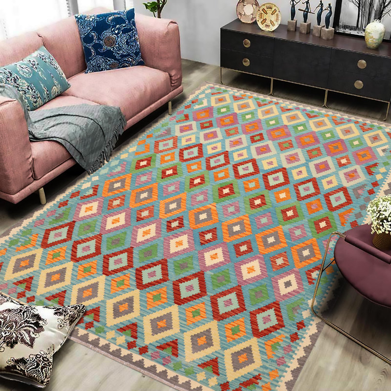 Tapis bleu / vert / rouille en laine noué à la main 8 pi 3 po x 9 pi 7 po Keisling Southwestern