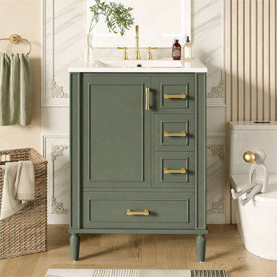 Meuble-lavabo transitionnel de 24 pouces avec poignées dorées, lavabo en céramique, porte à fermeture en douceur, 3 tiroirs et construction durable pour une élégance moderne et une efficacité d'espace