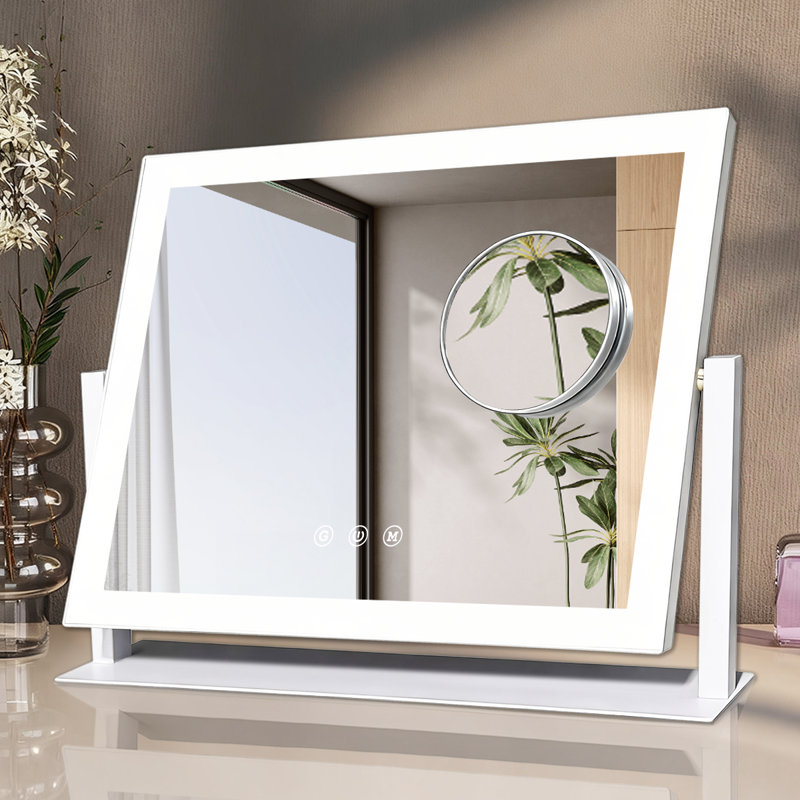 16'' LED Lighted Vanity Mirror with 10X Magnifying Lens, 360° Adjustable Desktop Makeup Mirror with 3 Color Lighting Modes and Touch Dimming