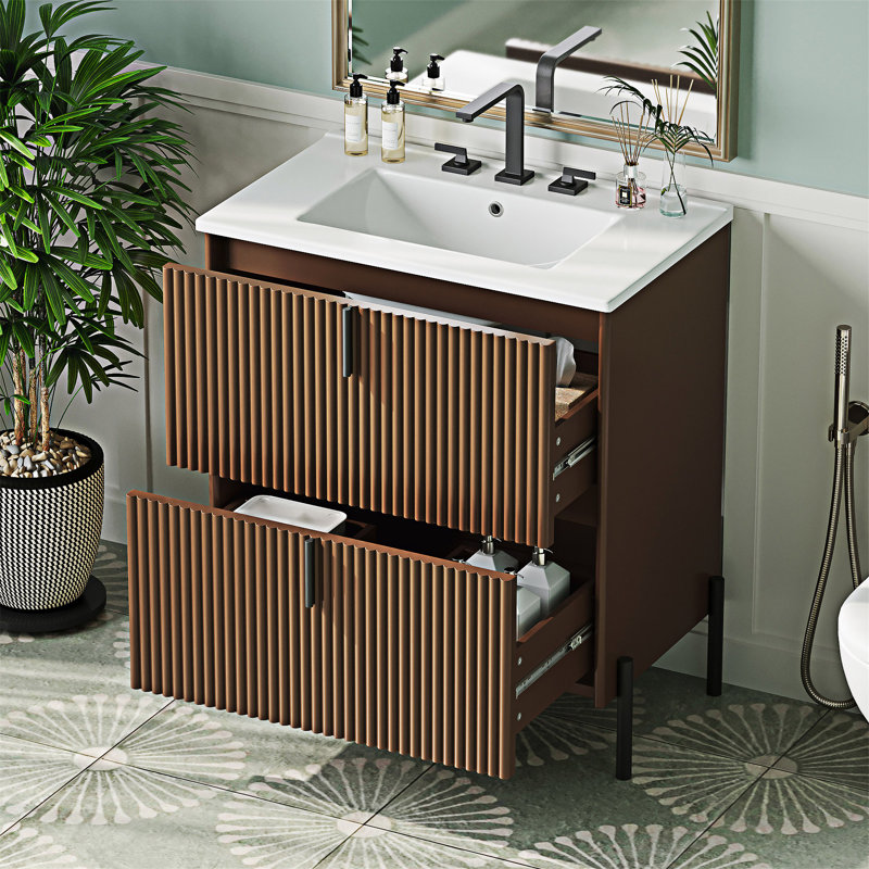 Meuble-lavabo autoportant avec lavabo en céramique, Marron foncé